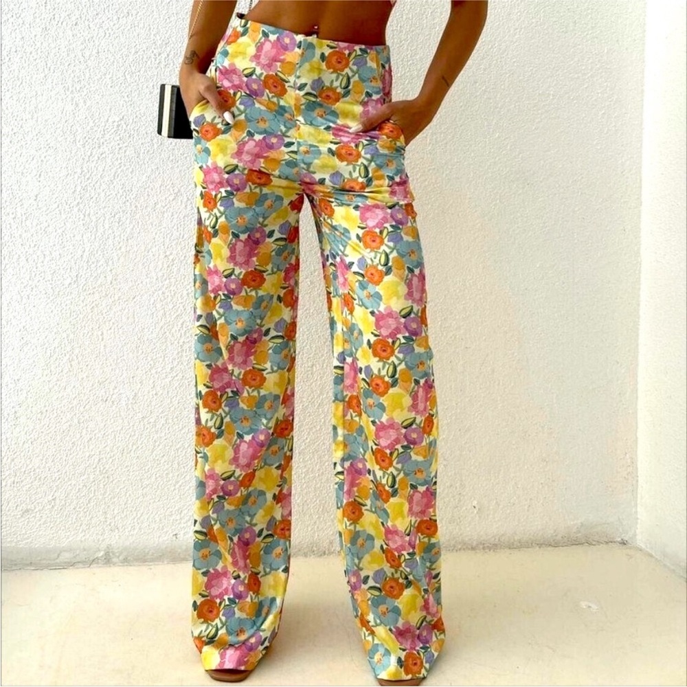 Zara high rise floral print multicolor straight wide pants for summer XS